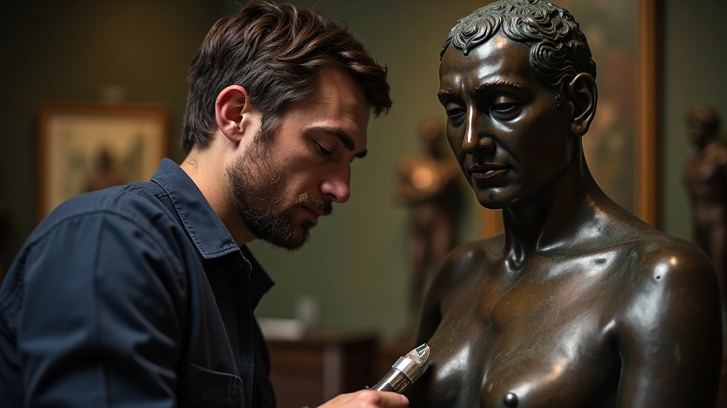 Profesional de conservación limpiando y restaurando escultura de bronce con herramientas especializadas