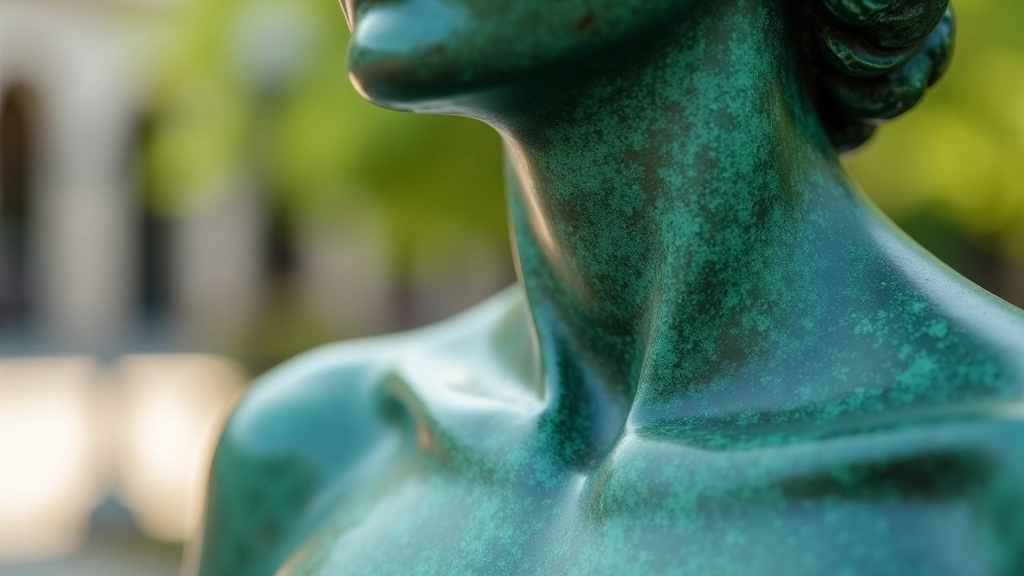 Detalle cercano de textura de escultura de bronce con pátina verde, mostrando técnica de fundición y acabado artesanal