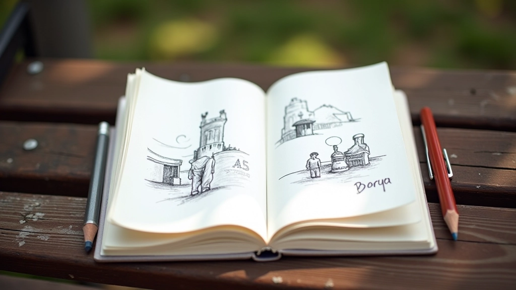 Cuaderno abierto con anotaciones sobre arte junto a lápices en banco del Paseo