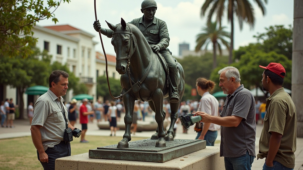 Fotografía histórica de la instalación de escultura de bronce en 1997, trabajadores y artistas rodeando la obra