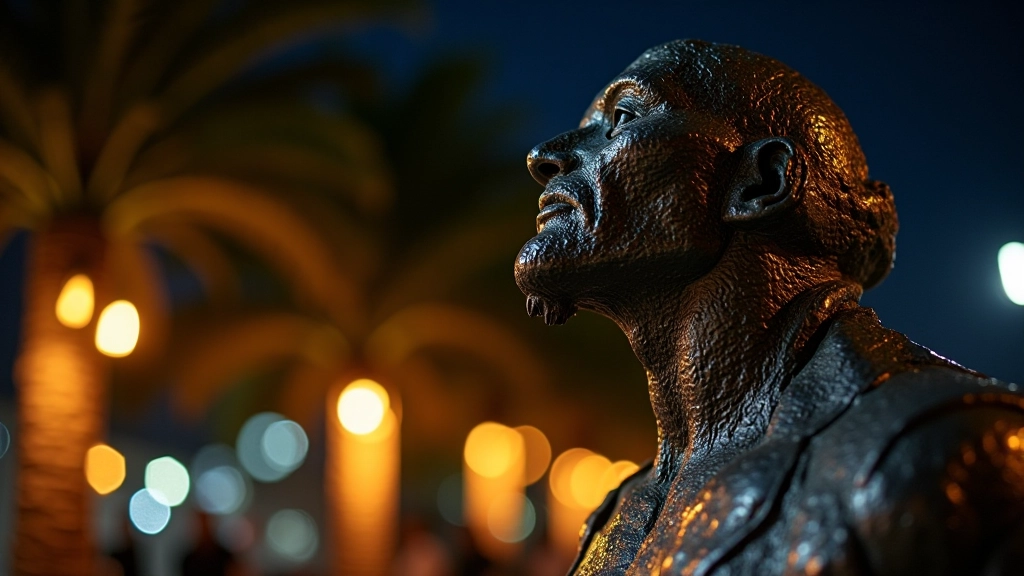 Detalle de escultura metálica iluminada de noche con luz dramática resaltando texturas y formas