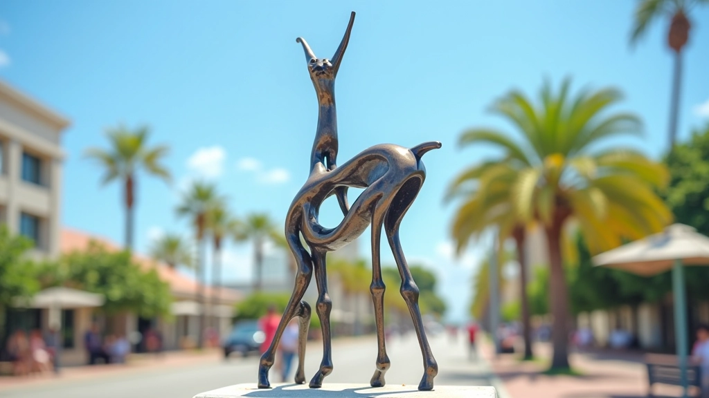 Escultura moderna de metal brillante en plaza pública bajo cielo azul