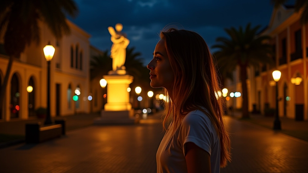 Escultura iluminada al anochecer