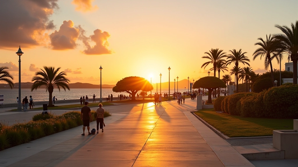 Vista panorámica del Paseo de la Princesa con iluminación nocturna destacando esculturas
