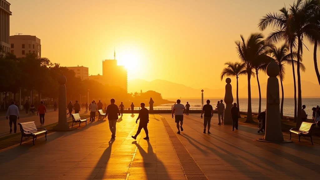 Vista panorámica del Paseo de la Princesa al atardecer, múltiples esculturas, iluminación dorada, bancos distribuidos, muchas personas paseando tranquilamente