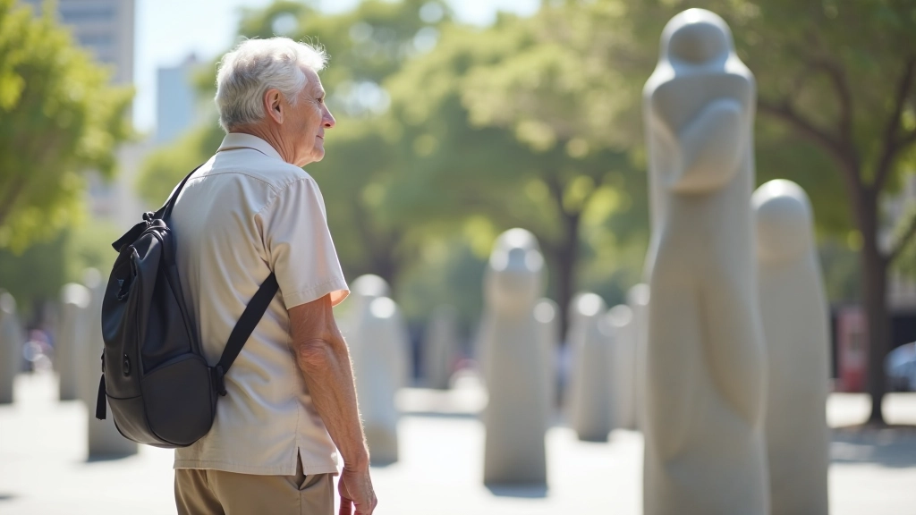 Persona observando escultura urbana desde diferentes ángulos y distancias en el Paseo