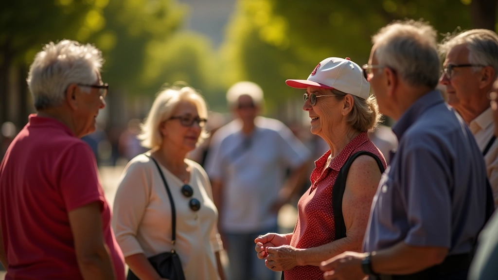 Grupo de jubilados disfrutando de un recorrido guiado por las plazas del Paseo de la Princesa, con guía señalando detalles de una escultura
