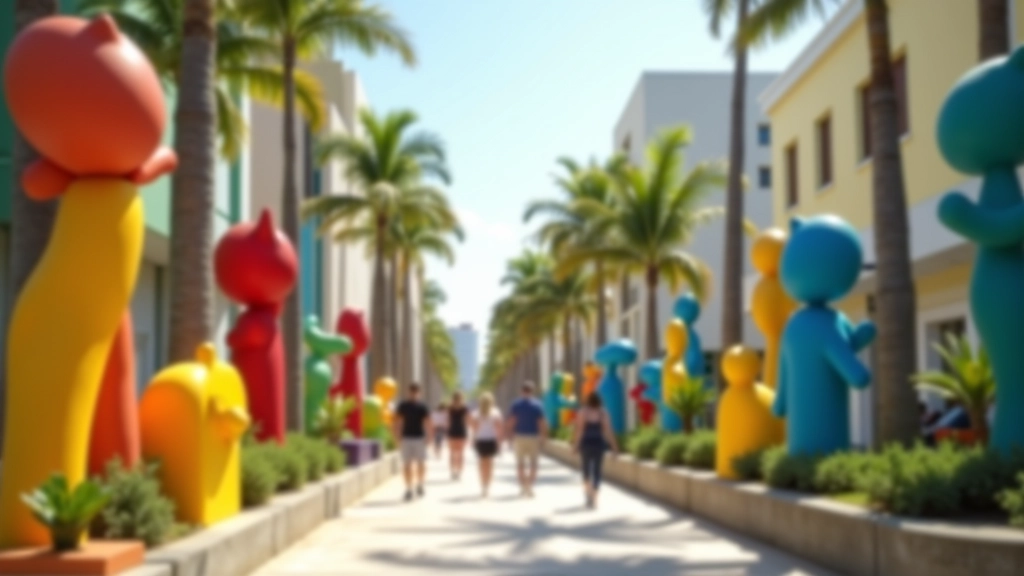 Vistas panorámicas de esculturas de arte urbano en el Paseo de la Princesa de San Juan, Puerto Rico, bajo luz natural