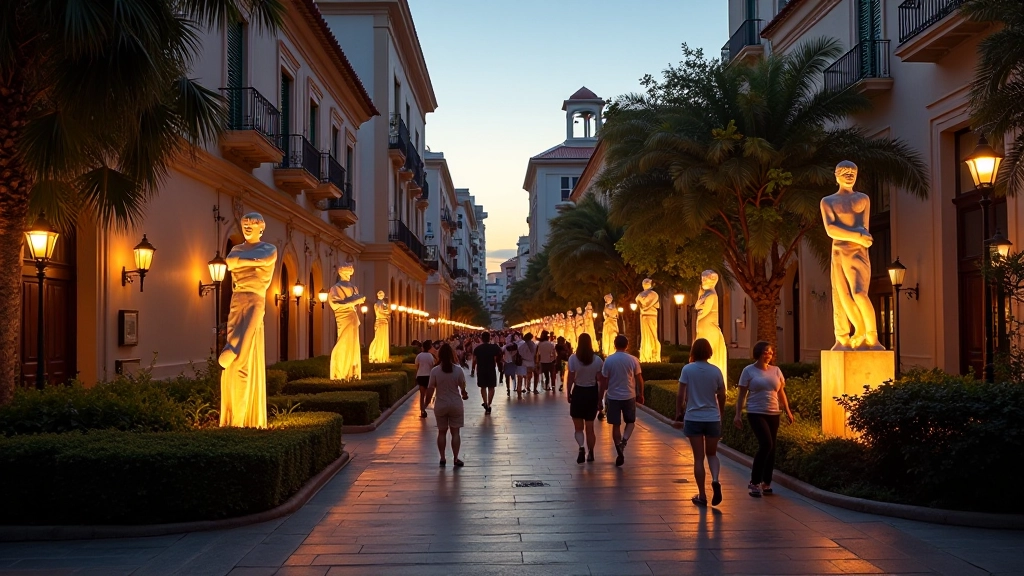 Plaza iluminada del Paseo de la Princesa al atardecer con gente caminando entre esculturas
