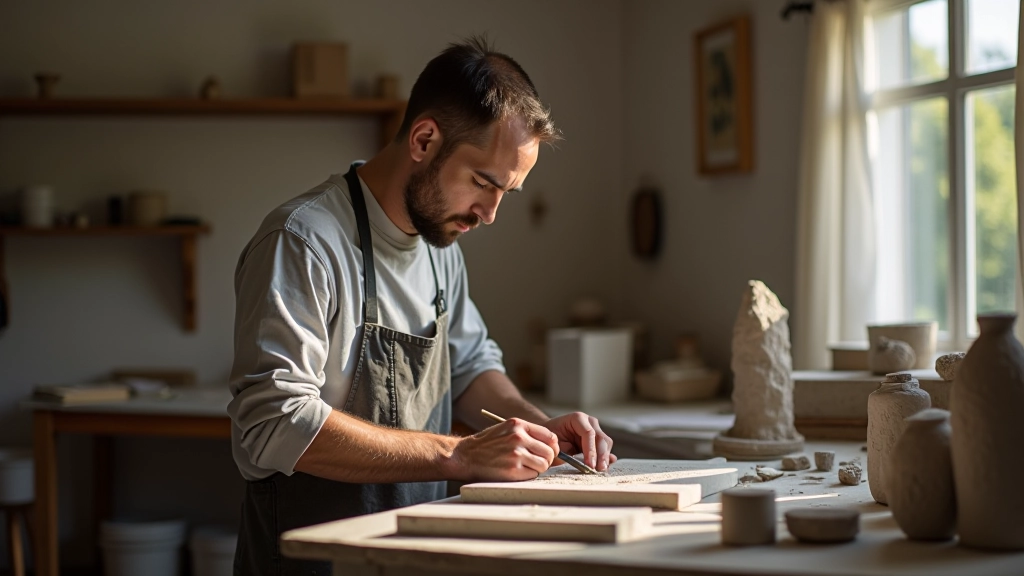 Artista trabajando en taller con herramientas de escultura, concentrado en los detalles de una obra de piedra