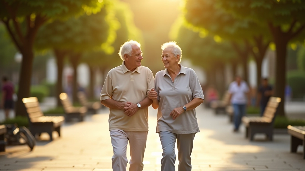Anciano y anciana caminando juntos en plaza con árboles y bancos